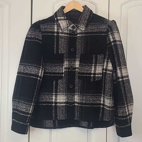 Gap Puff Sleeve Cropped Wool Shirt Jacket Black White Plaid Size L - Picture 2 of 15
